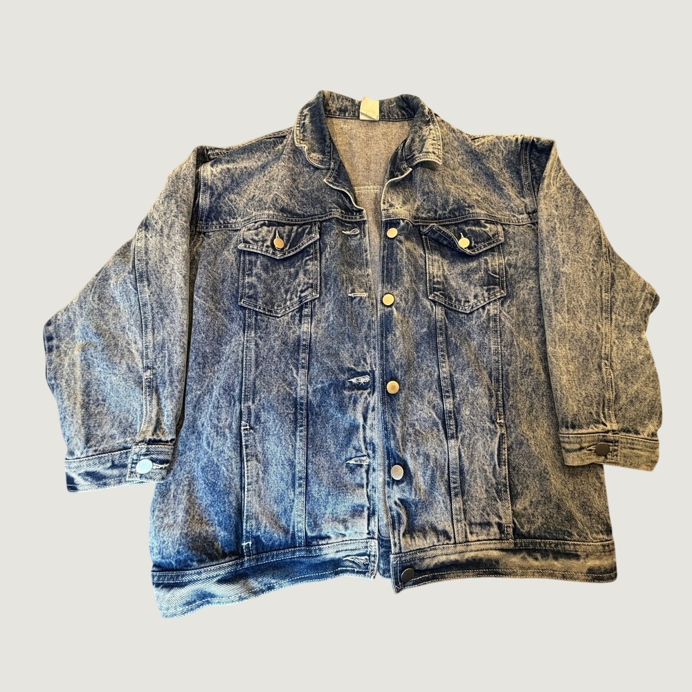 Vintage Acid Wash Denim Jacket Blue Oversized 80s Trucker Jean Jacket Womens L